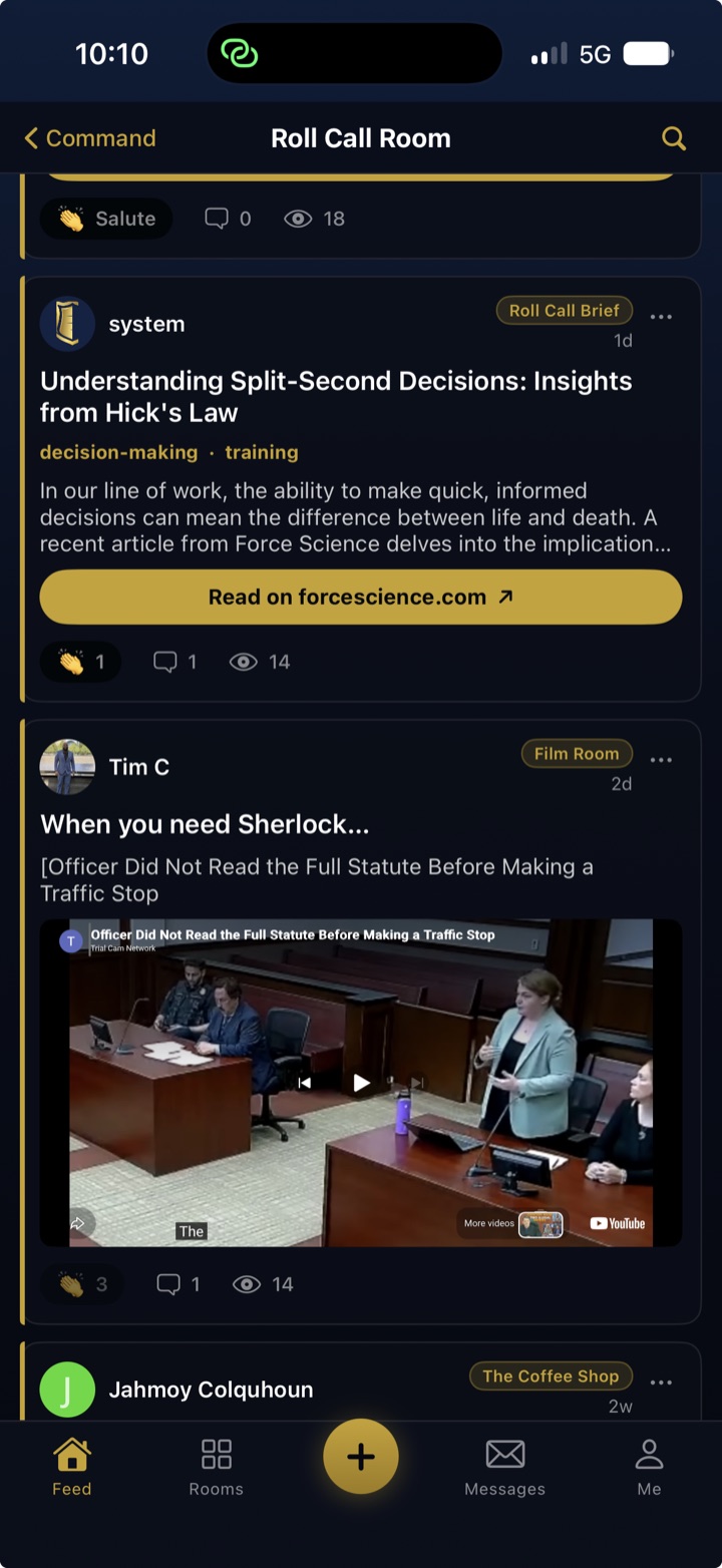 The Roll Call Room feed inside Patrol Brief, with a Roll Call Brief on split-second decision-making and a Film Room post.